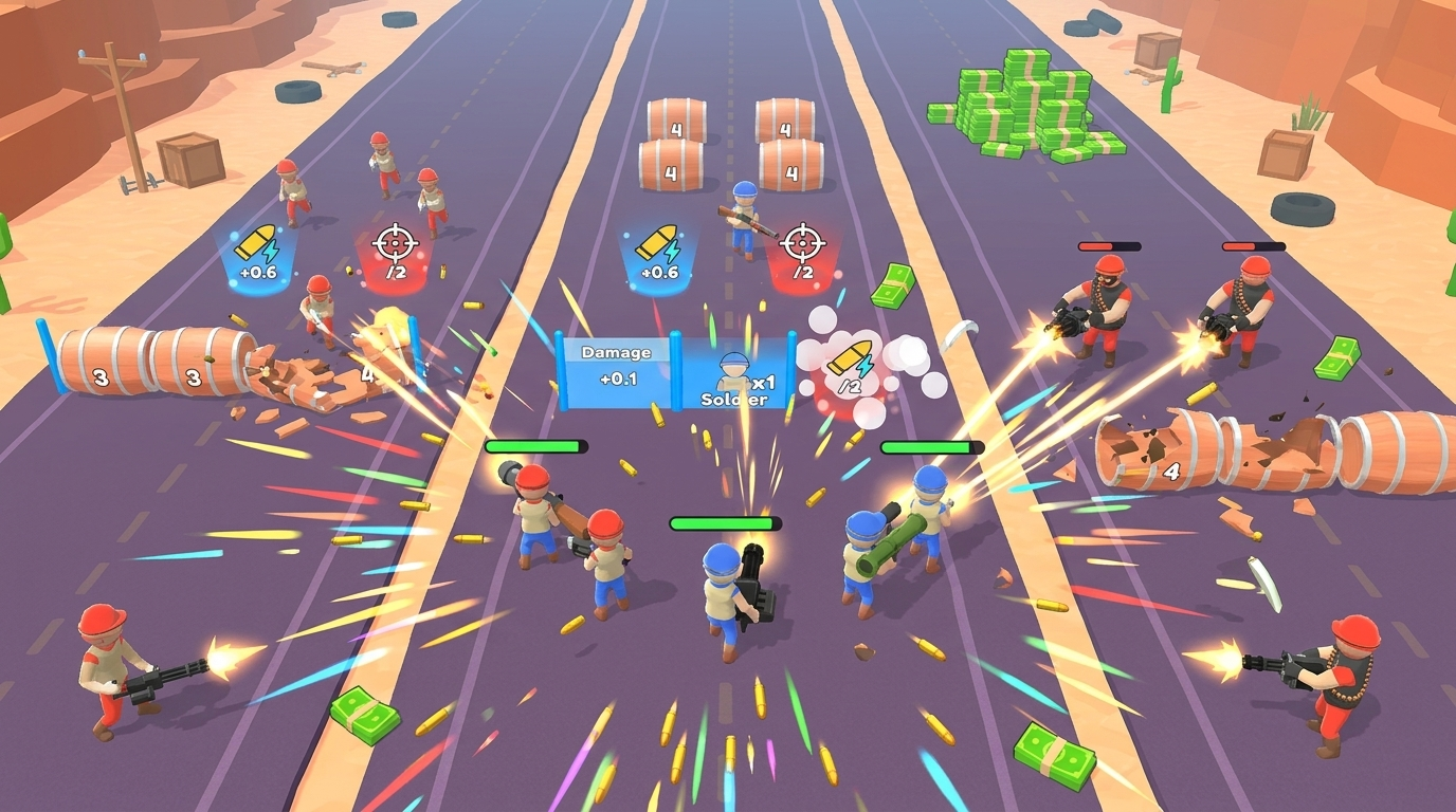 Mini Soldier Run split road battle with enemies and rewards